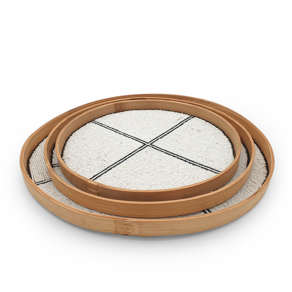 Bamboo Tray With Beads Decoration Set Of 3