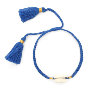 
                  
                    Load image into Gallery viewer, Boho handmade shell bracelet tassel dark blue front view
                  
                