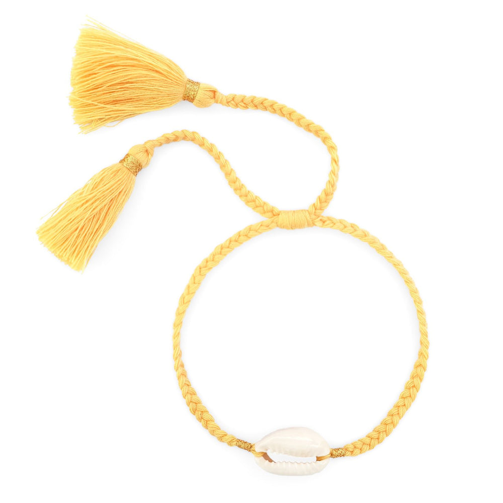 
                  
                    Load image into Gallery viewer, Boho handmade shell bracelet tassel yellow front view
                  
                