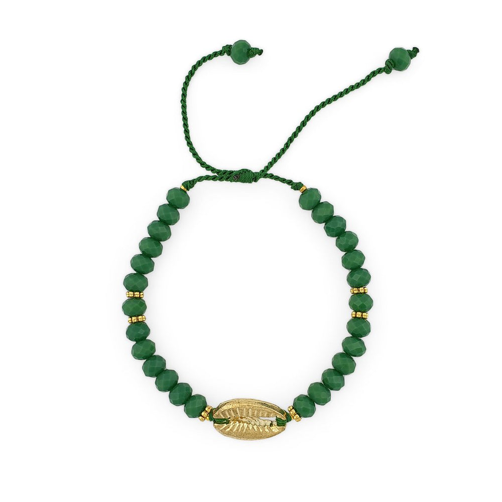 
                  
                    Load image into Gallery viewer, Bracelet with dark green crystals and gold brass shell
                  
                