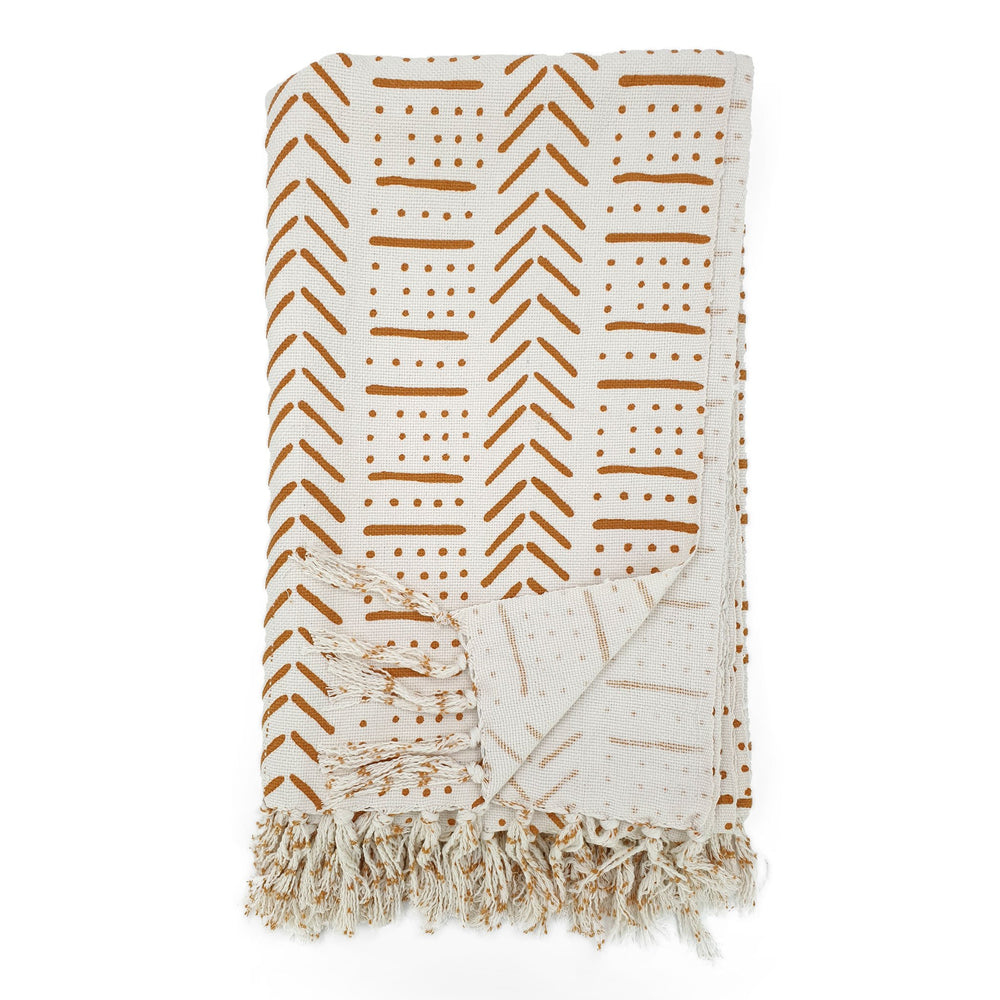 
                  
                    Load image into Gallery viewer, Handmade boho cotton blanket cream color orange print front view
                  
                