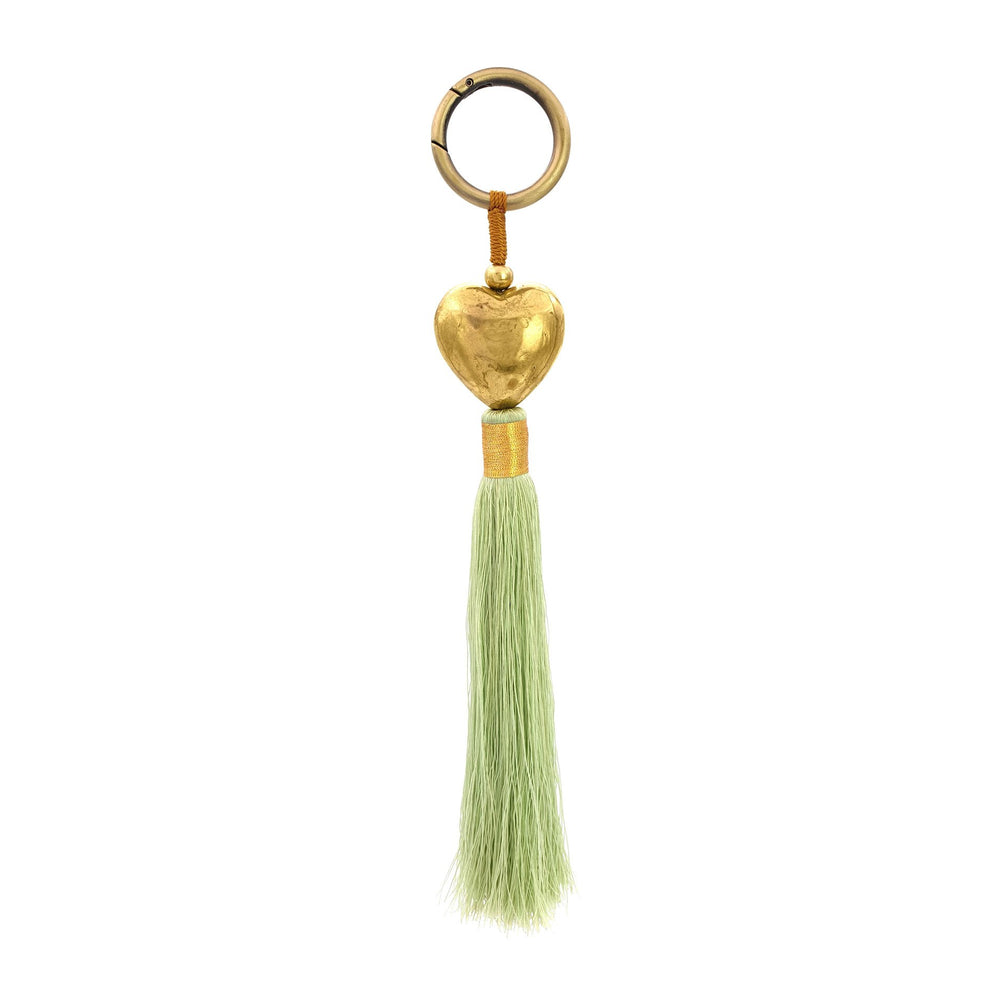 Keychain brass heart with green tassel