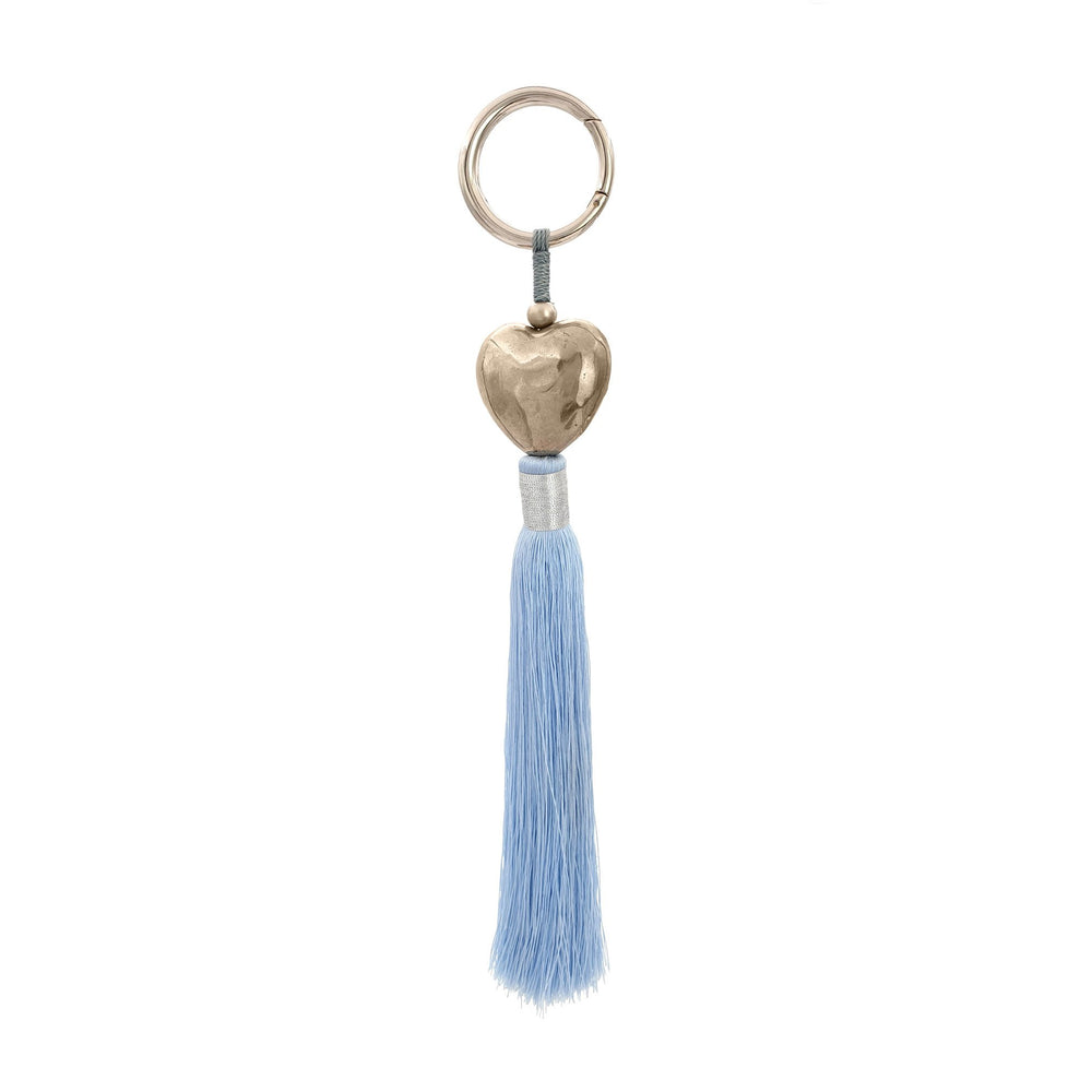 
                  
                    Load image into Gallery viewer, Keychain brass heart silver plated with blue tassel
                  
                