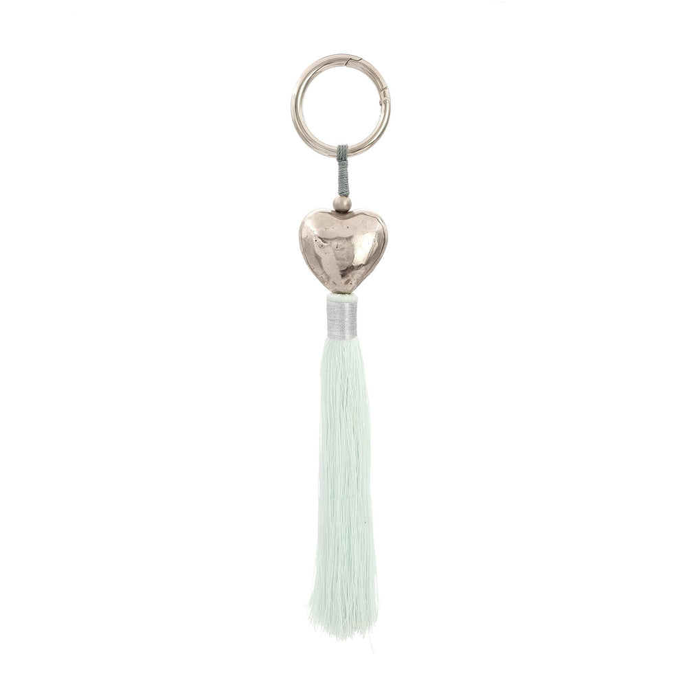 
                  
                    Load image into Gallery viewer, Keychain brass heart silver plated with mint tassel
                  
                