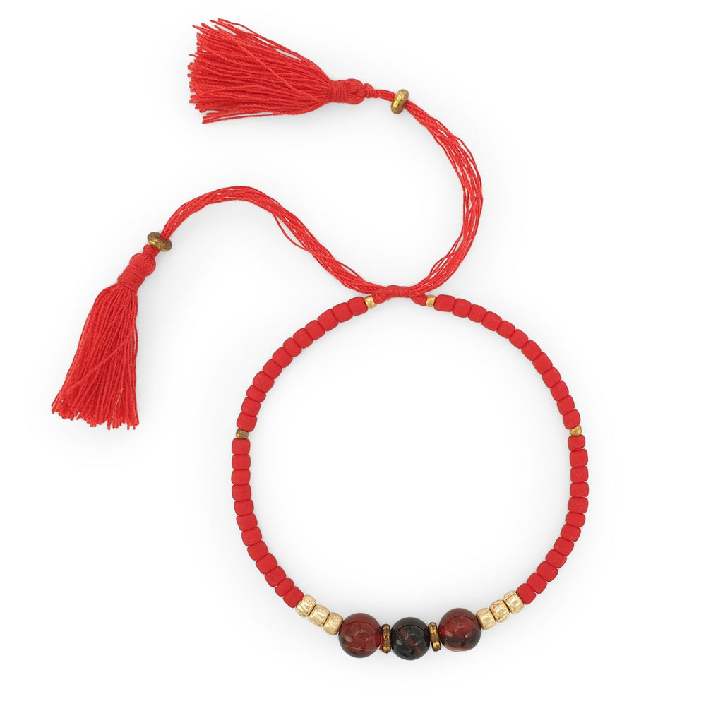 
                  
                    Load image into Gallery viewer, Lucky gemstone bracelet red tassel front view
                  
                