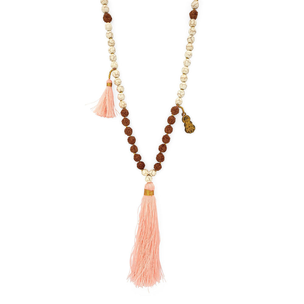 Handmade Buddha rudraksha and howlite mala necklace with pink tassel