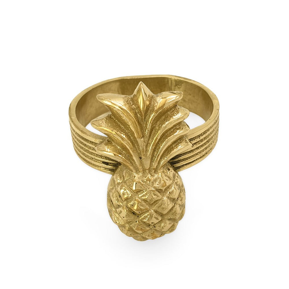 
                  
                    Load image into Gallery viewer, Handmade brass napkin ring pineapple front view 1
                  
                