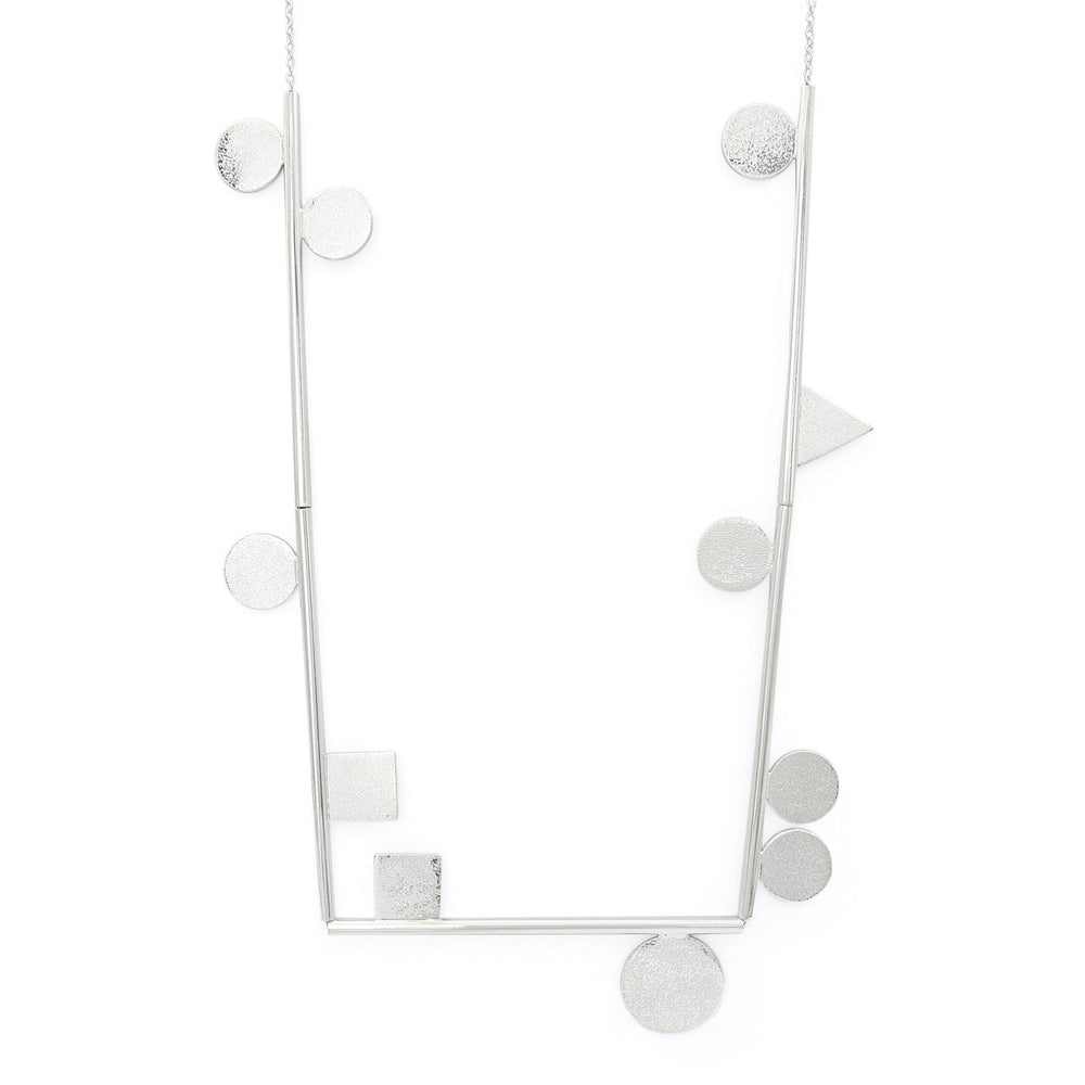 
                  
                    Load image into Gallery viewer, Handmade brass minimalist geometric necklace silver plated closeup
                  
                