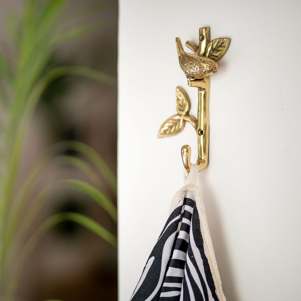 Brass Hook Bird in Branch – Fern