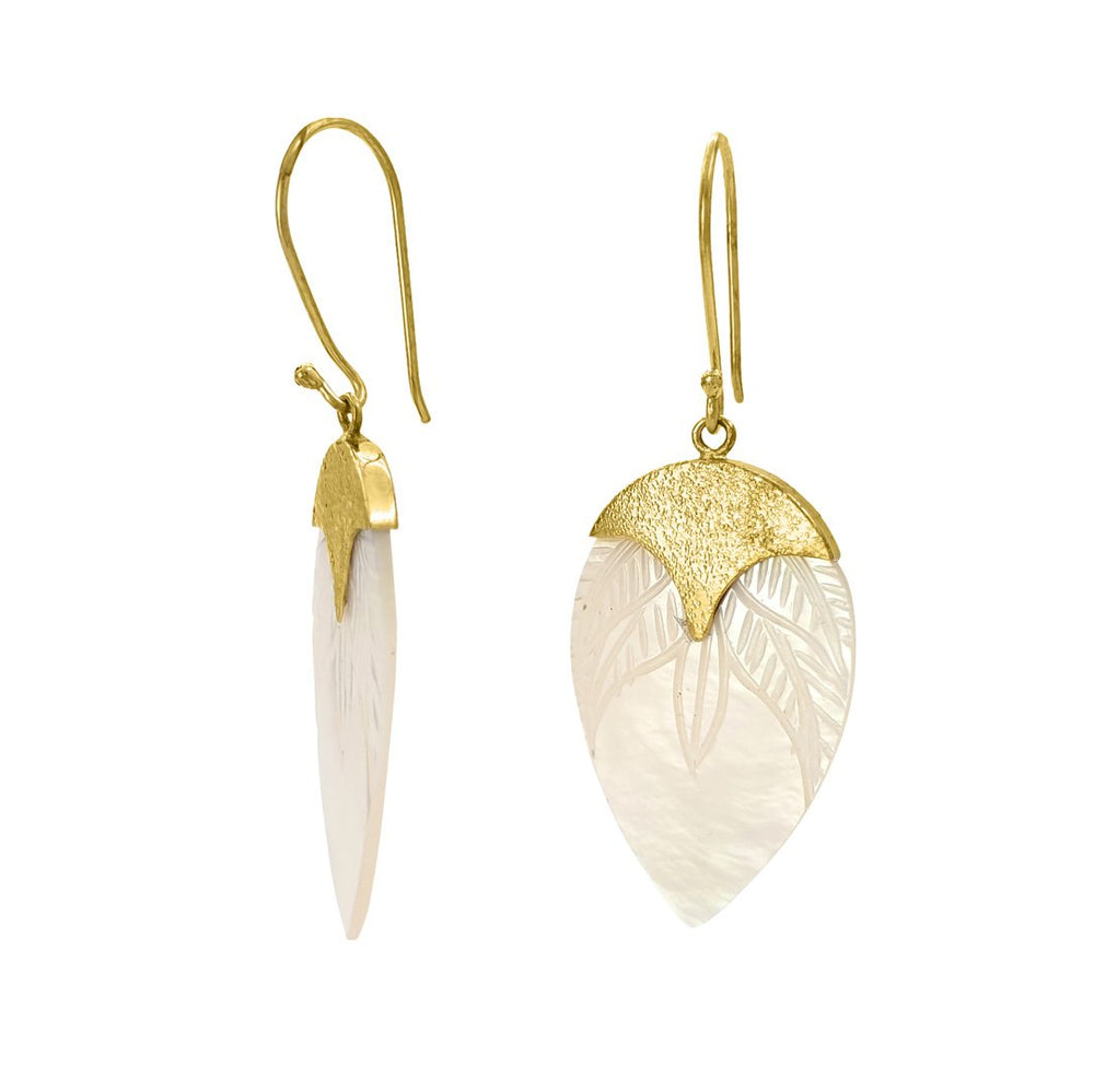 Brass and hand carved shell drop earring side view