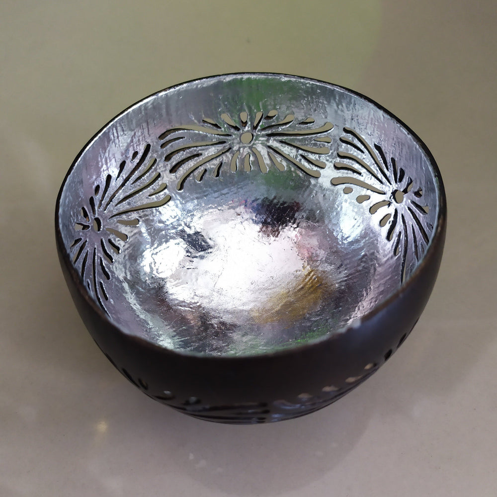 
                  
                    Load image into Gallery viewer, Coconut Candle Holder Carved Bowl Silver
                  
                