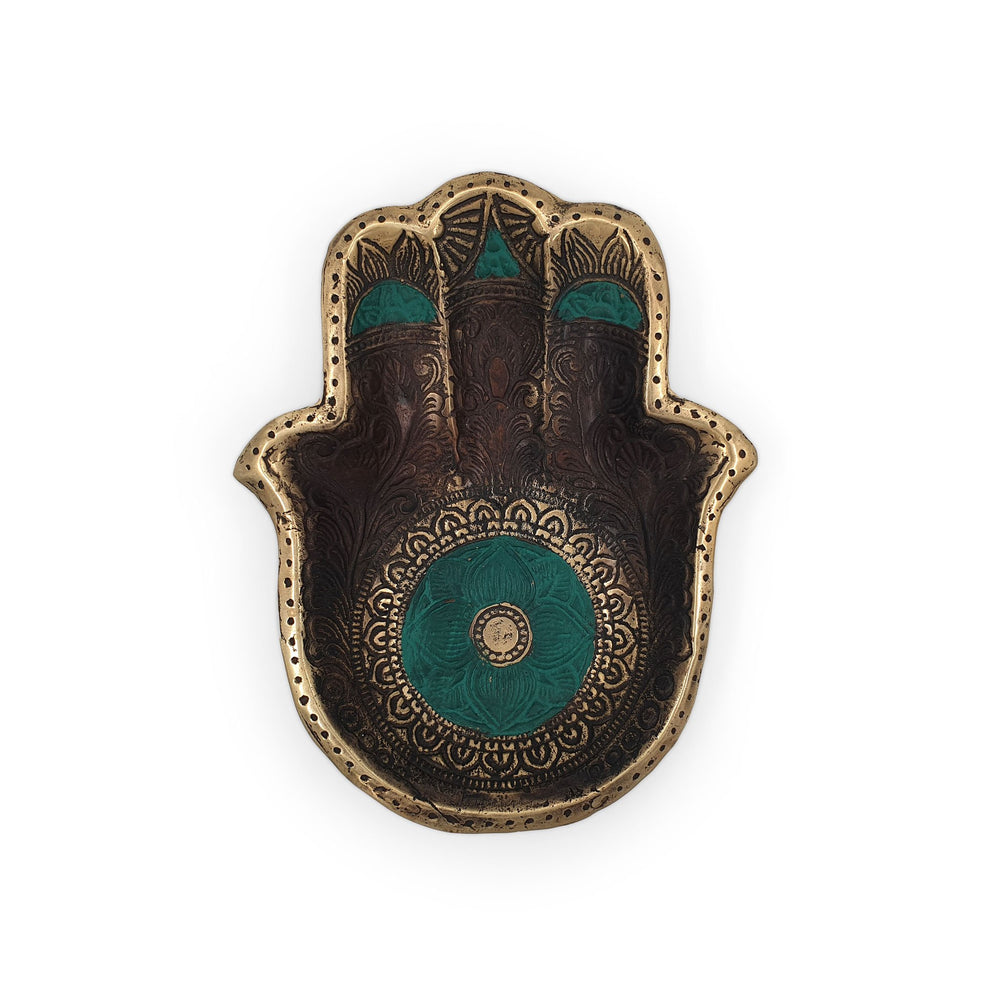 
                  
                    Load image into Gallery viewer, Brass Trinket Tray Hamsa Hand Madala Flower
                  
                