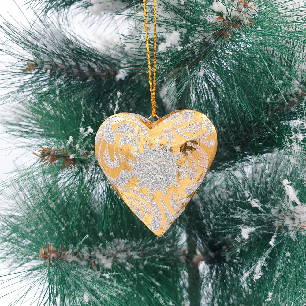 Wooden Christmas Ornaments Sparkling Gold Hearts