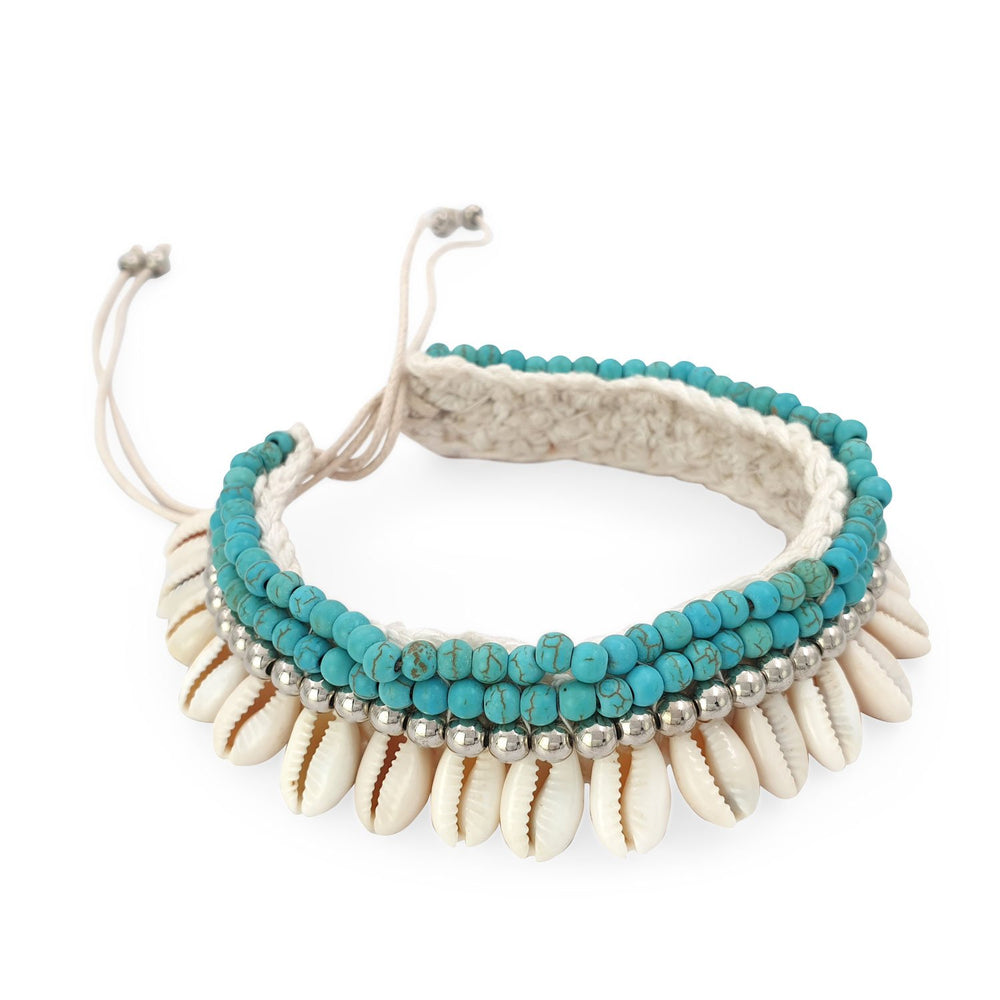 
                  
                    Load image into Gallery viewer, Crochet boho anklet shell turquoise howlite and silver plated beads
                  
                