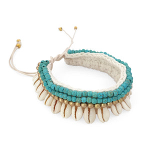 
                  
                    Load image into Gallery viewer, Crochet boho anklet shell turquoise howlite and gold plated beads
                  
                