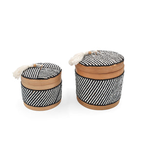 
                  
                    Load image into Gallery viewer, Balinese Beads Box Round Set Of 2 Black &amp;amp; White Small Striped
                  
                