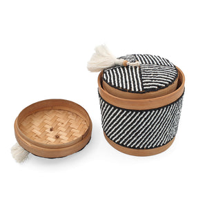 
                  
                    Load image into Gallery viewer, Balinese Beads Box Round Set Of 2 Black &amp;amp; White Small Striped
                  
                