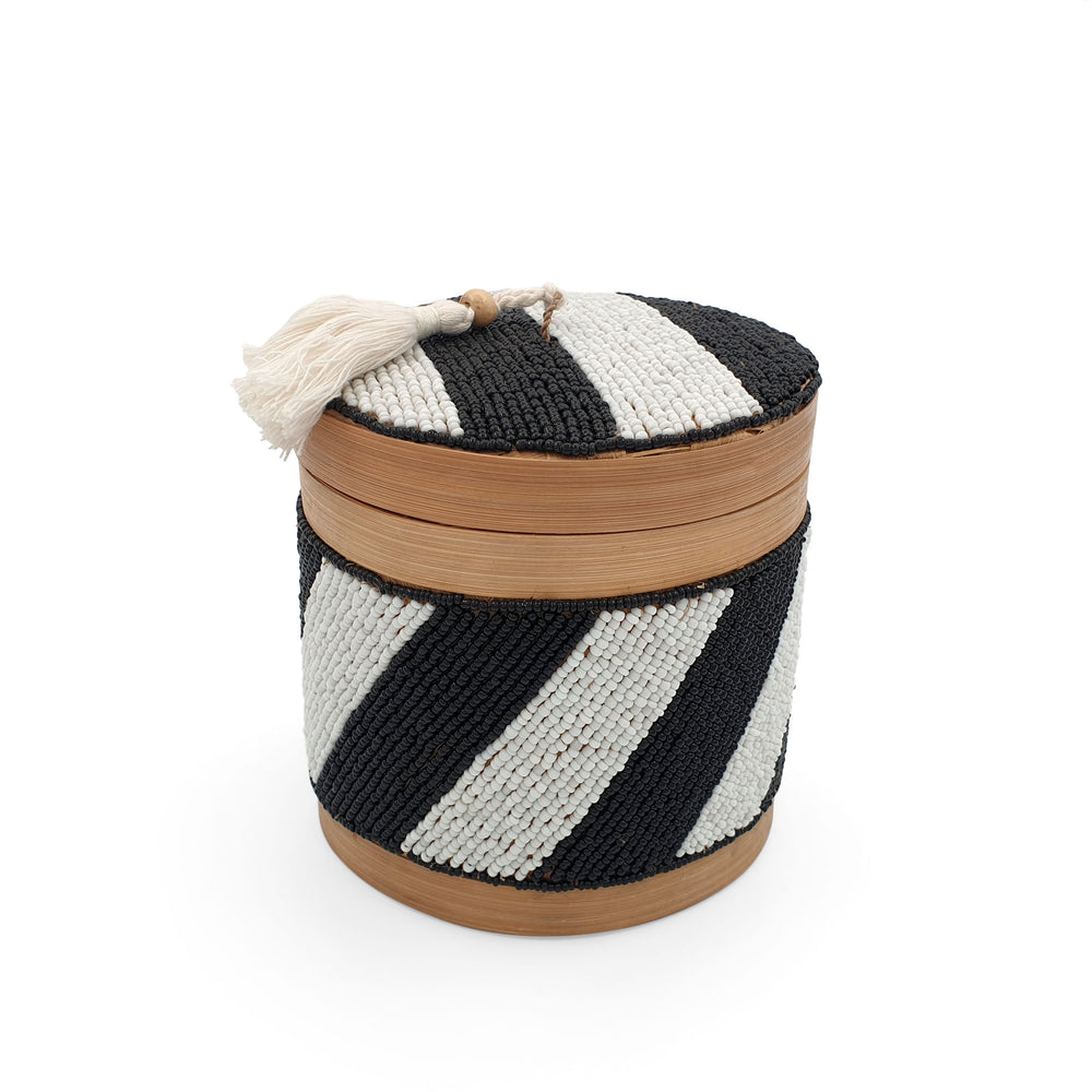 Balinese Beads Box Round Single Black & White Stripes