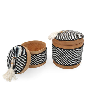 
                  
                    Load image into Gallery viewer, Balinese Beads Box Round Set Of 2 Black &amp;amp; White Small Striped
                  
                