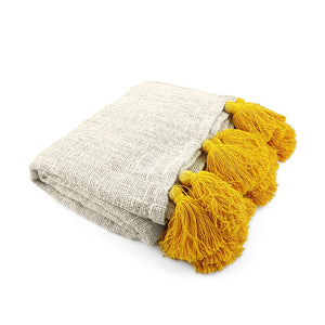 
                  
                    Load image into Gallery viewer, Handmade boho Cotton blanket with yellow tassel cream color side view
                  
                