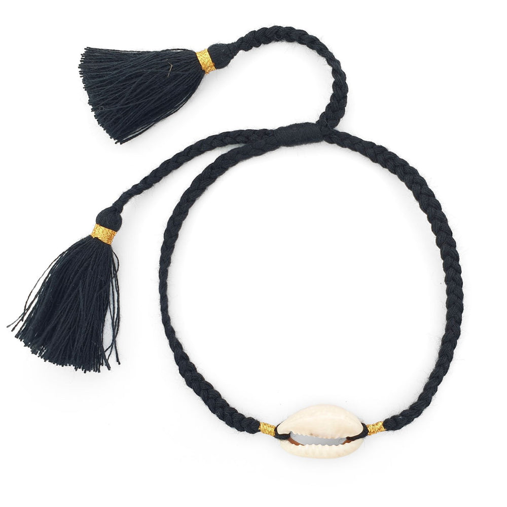 
                  
                    Load image into Gallery viewer, Boho handmade shell bracelet tassel black front view
                  
                