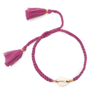 
                  
                    Load image into Gallery viewer, Boho handmade shell bracelet tassel bordeaux front view
                  
                