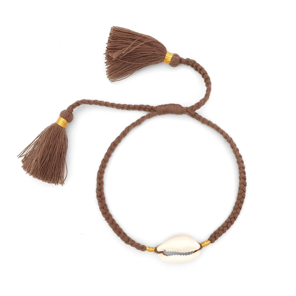 
                  
                    Load image into Gallery viewer, Boho handmade shell bracelet tassel brown front view
                  
                