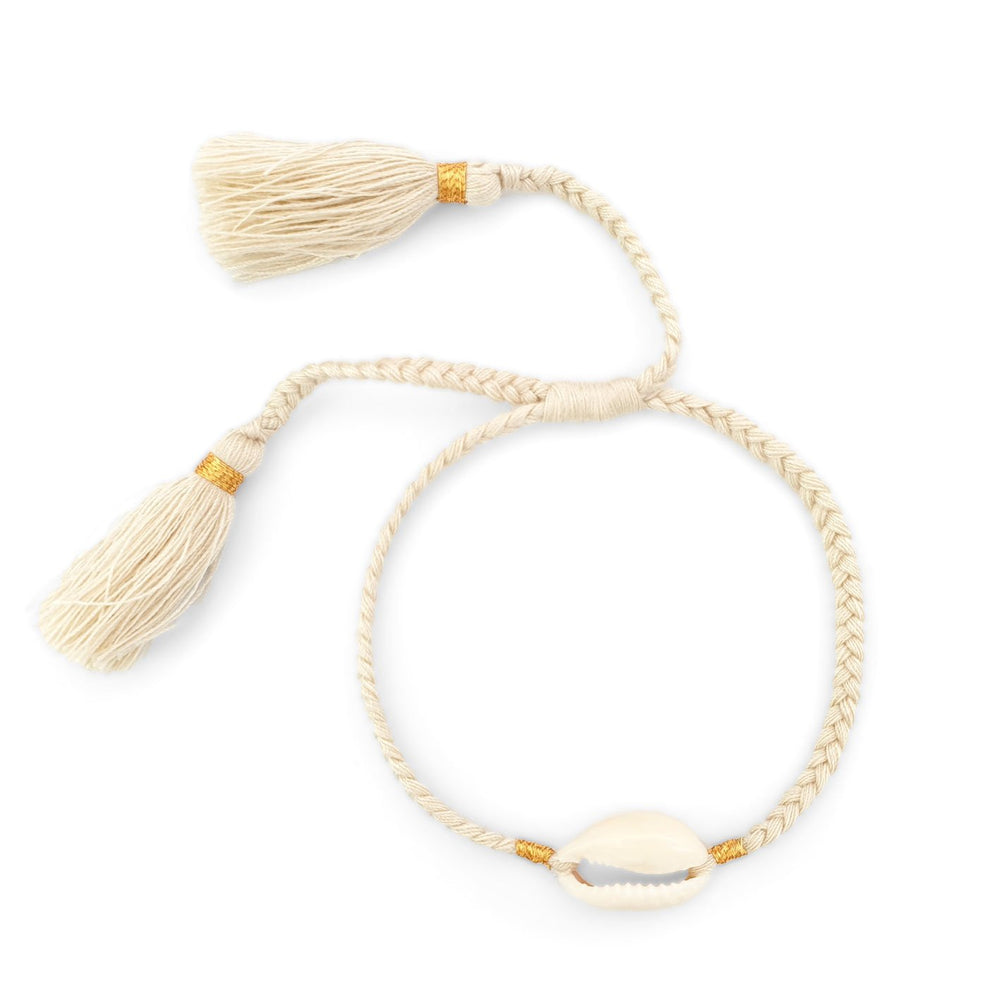 
                  
                    Load image into Gallery viewer, Boho handmade shell bracelet tassel cream front view
                  
                