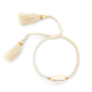 
                  
                    Load image into Gallery viewer, Boho handmade shell bracelet tassel cream front view
                  
                