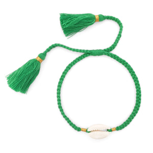 
                  
                    Load image into Gallery viewer, Boho handmade shell bracelet tassel dark green front view
                  
                