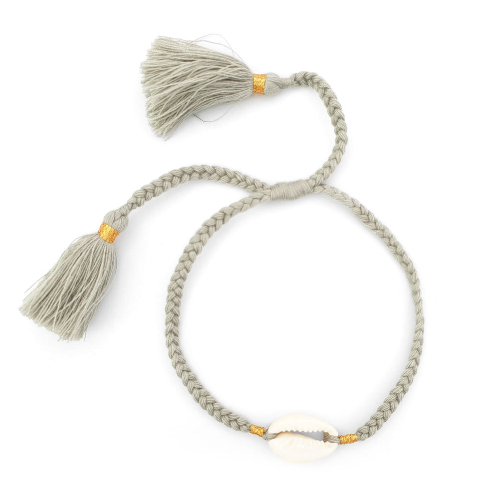 Boho handmade shell bracelet tassel light grey front view
