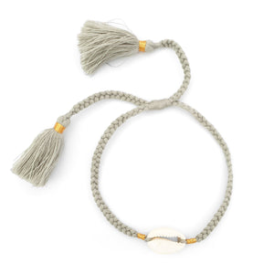 
                  
                    Load image into Gallery viewer, Boho handmade shell bracelet tassel light grey front view
                  
                