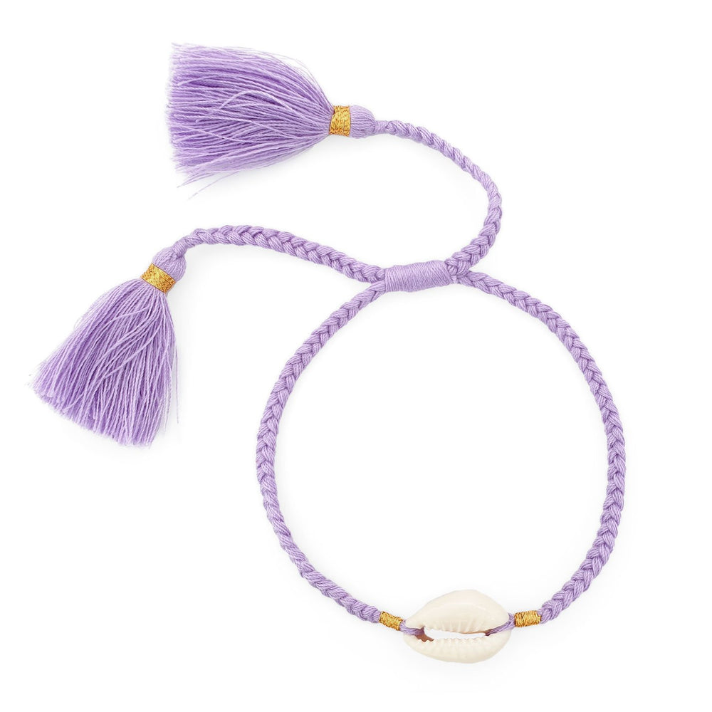 
                  
                    Load image into Gallery viewer, Boho handmade shell bracelet tassel lavender front view
                  
                