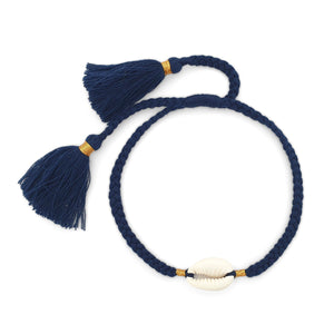 
                  
                    Load image into Gallery viewer, Boho handmade shell bracelet tassel navy blue front view
                  
                