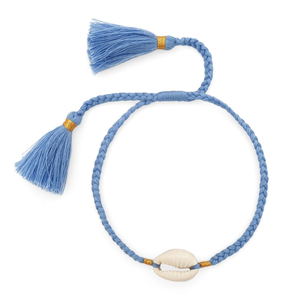 
                  
                    Load image into Gallery viewer, Boho handmade shell bracelet tassel blue front view
                  
                