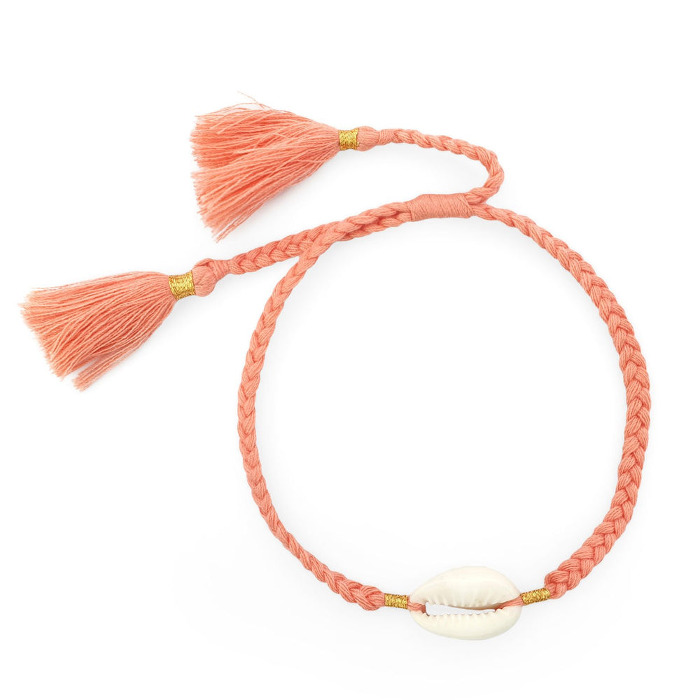 
                  
                    Load image into Gallery viewer, Boho handmade shell bracelet tassel peach front view
                  
                