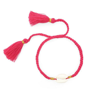 
                  
                    Load image into Gallery viewer, Boho handmade shell bracelet tassel red front view
                  
                