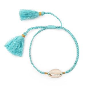 
                  
                    Load image into Gallery viewer, Boho handmade shell bracelet tassel turquoise front view
                  
                