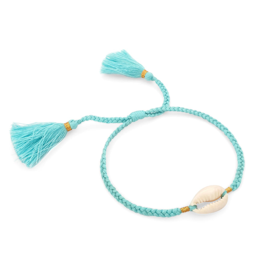 
                  
                    Load image into Gallery viewer, Boho handmade shell bracelet tassel turquoise side view
                  
                