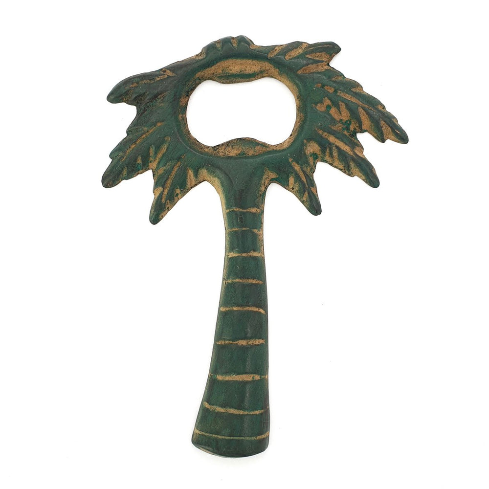 
                  
                    Load image into Gallery viewer, Brass Bottle opener palm tree boho handmade antique green front view
                  
                