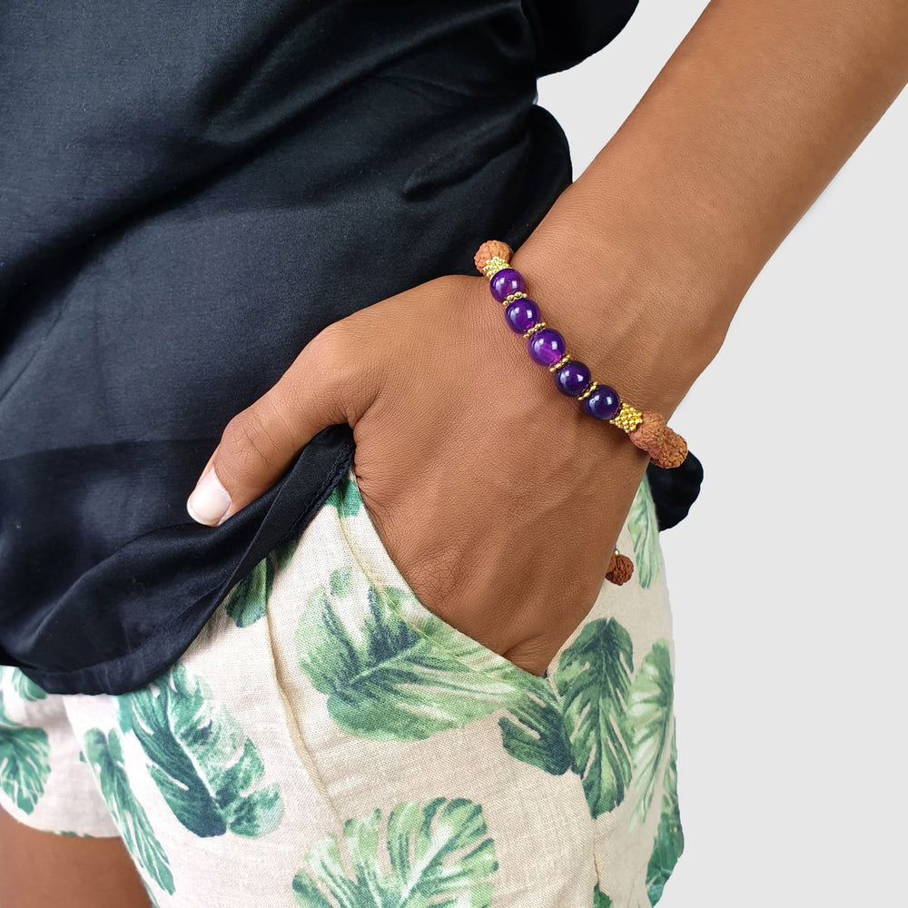 
                  
                    Load image into Gallery viewer, Bracelet Prayer rudraksha gemstone purple agate on model
                  
                
