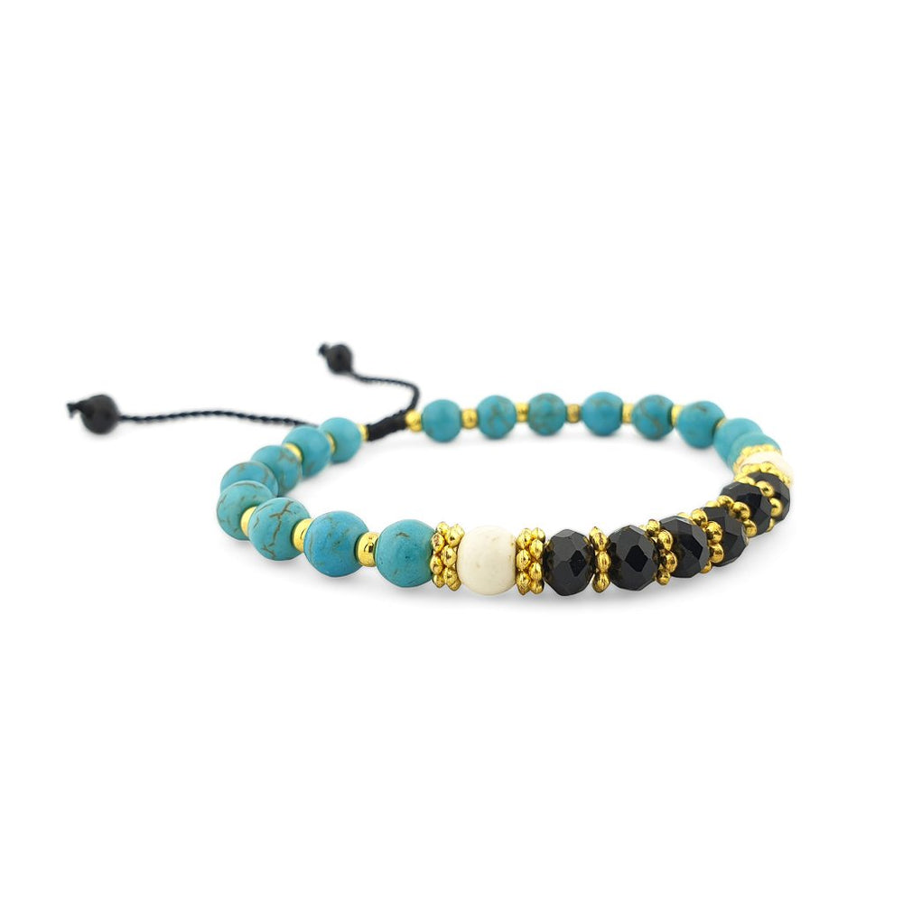 
                  
                    Load image into Gallery viewer, Turquoise Bracelet with gold beads and black crystals side view
                  
                