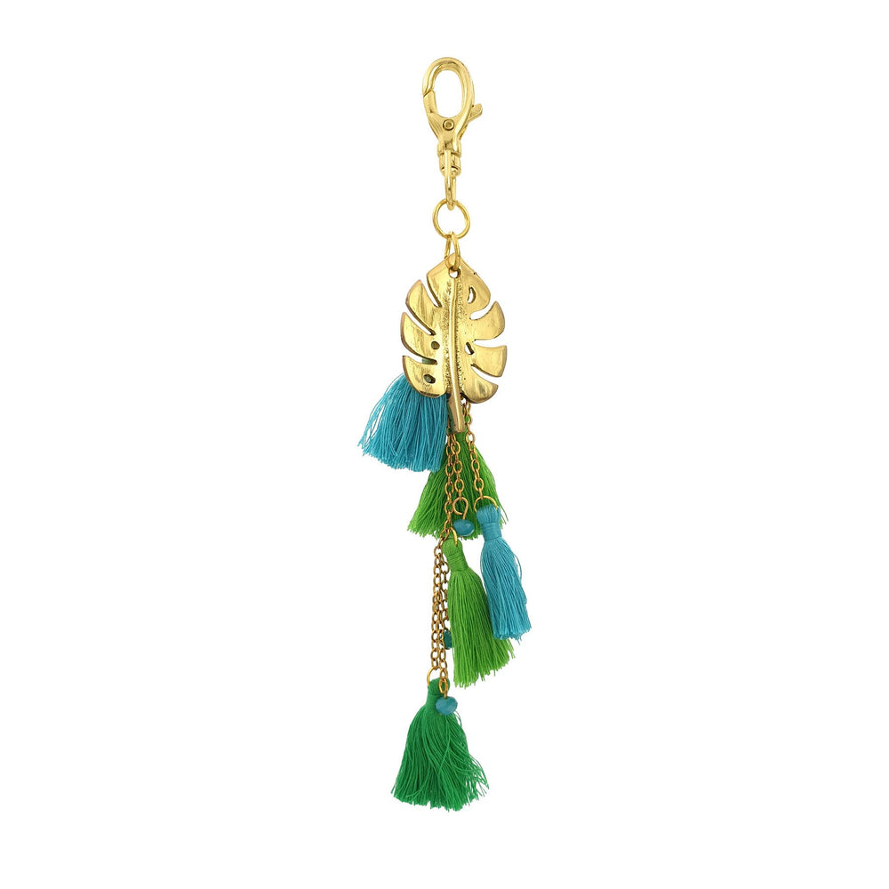 Brass keychain monstera leaf pendant with cotton tassels