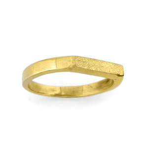 
                  
                    Load image into Gallery viewer, Brass gold color ring with flat and hammered front surface side view
                  
                