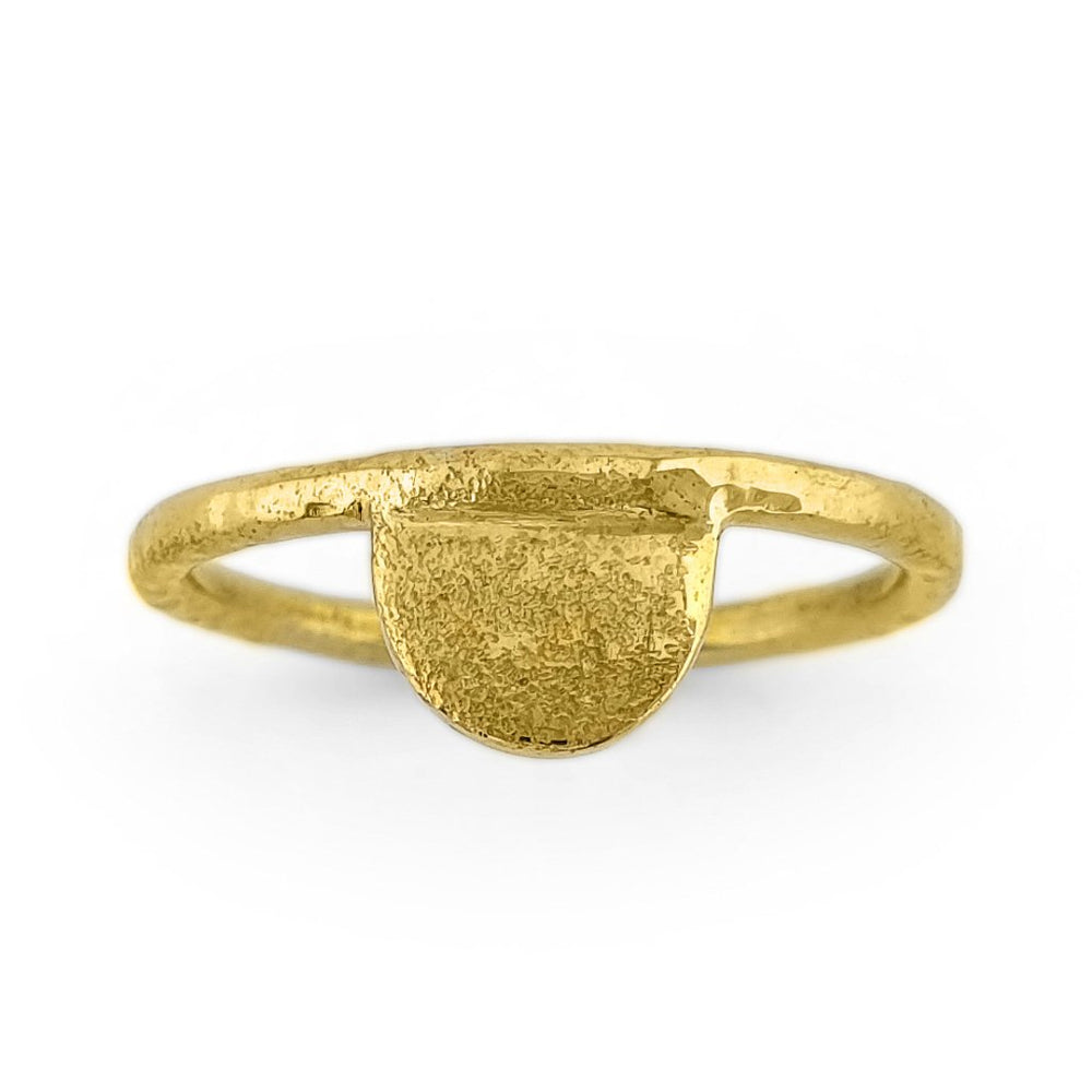 Brass gold color ring with hammered half moon shape front view