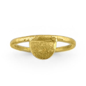 
                  
                    Load image into Gallery viewer, Brass gold color ring with hammered half moon shape front view
                  
                
