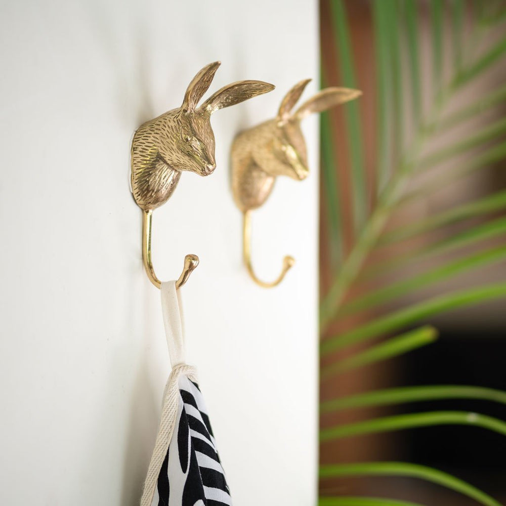 Cast Iron Rabbit Wall Hook Hare Hooks, Old Brass  