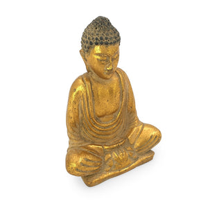 
                  
                    Load image into Gallery viewer, Buddha meditating statue resin gold angle view
                  
                