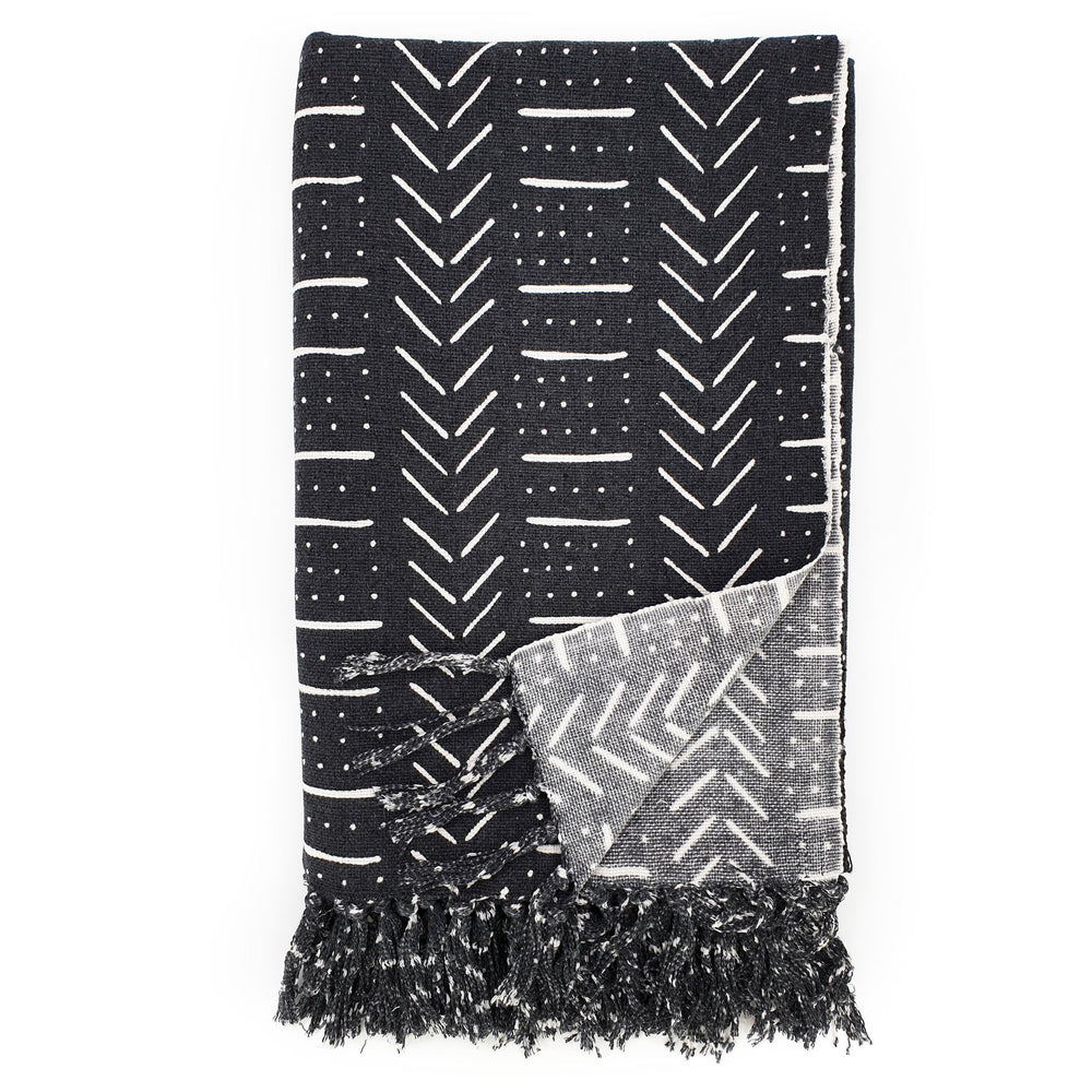 
                  
                    Load image into Gallery viewer, Handmade boho cotton blanket black color white print front view
                  
                