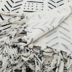Handmade boho cotton blanket cream color black print detail